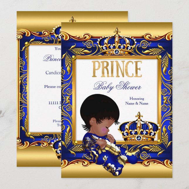 Invitación Prince Baby Shower Blue Gold Relieve metalizado af (Anverso / Reverso)