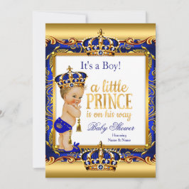 Invitación Prince Baby Shower Blue Ornate Gold Blonga Boy