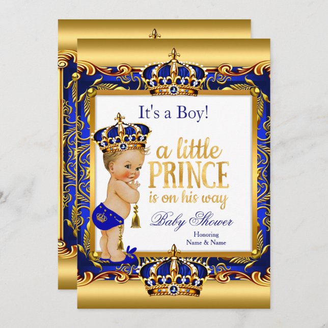 Invitación Prince Baby Shower Blue Ornate Gold Blonga Boy (Anverso / Reverso)