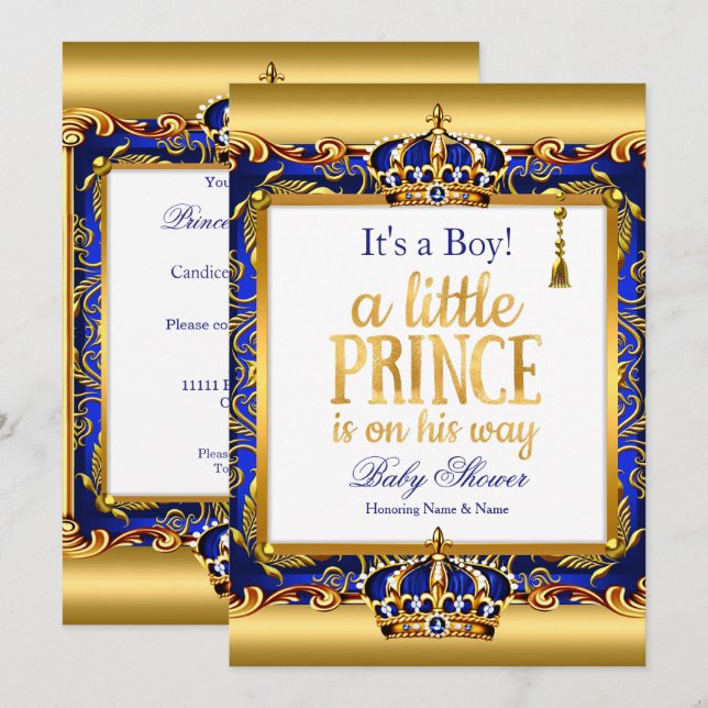 Invitación Prince Baby Shower Blue Ornate Gold Boy (Anverso / Reverso)