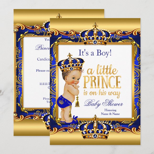Invitación Prince Baby Shower Blue Ornate Gold Brunette Boy (Anverso / Reverso)