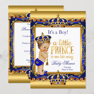 Invitación Prince Baby Shower Blue Ornate Gold Brunette Boy