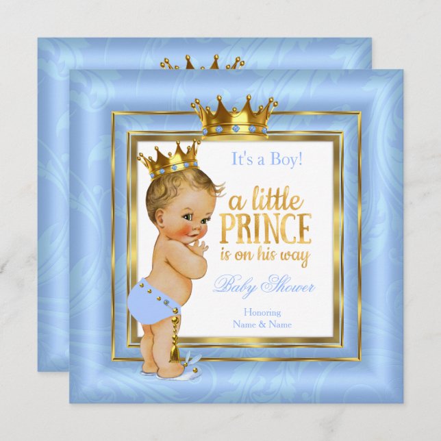 Invitación Prince Baby Shower Blue White Gold Crown Blona (Anverso / Reverso)