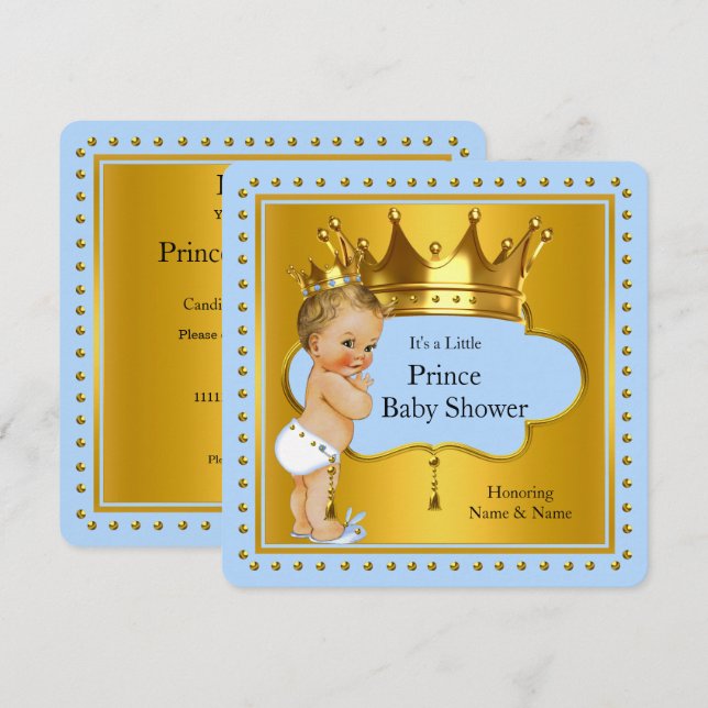 Invitación Prince Baby Shower Boy Blue Gold Crown Blona (Anverso / Reverso)