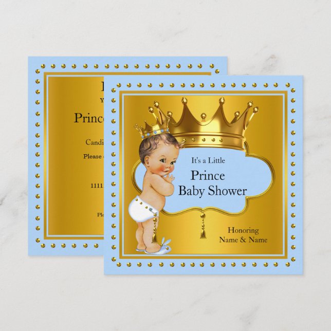 Invitación Prince Baby Shower Boy Blue Gold Crown Brunette (Anverso / Reverso)