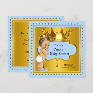 Invitación Prince Baby Shower Boy Blue Gold Crown Brunette