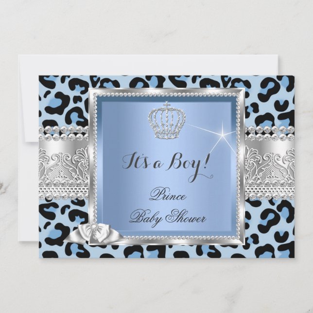 Invitación Prince Baby Shower Boy Blue Gray Leopard (Anverso)