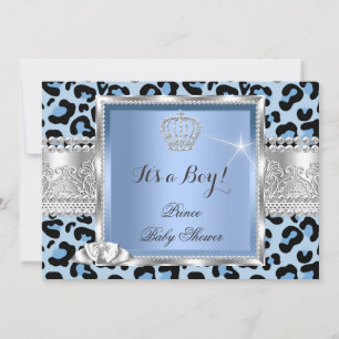 Invitación Prince Baby Shower Boy Blue Gray Leopard