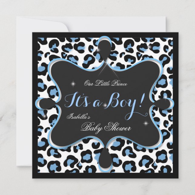 Invitación Prince Baby Shower Boy Blue White Leopardo 2s (Anverso)