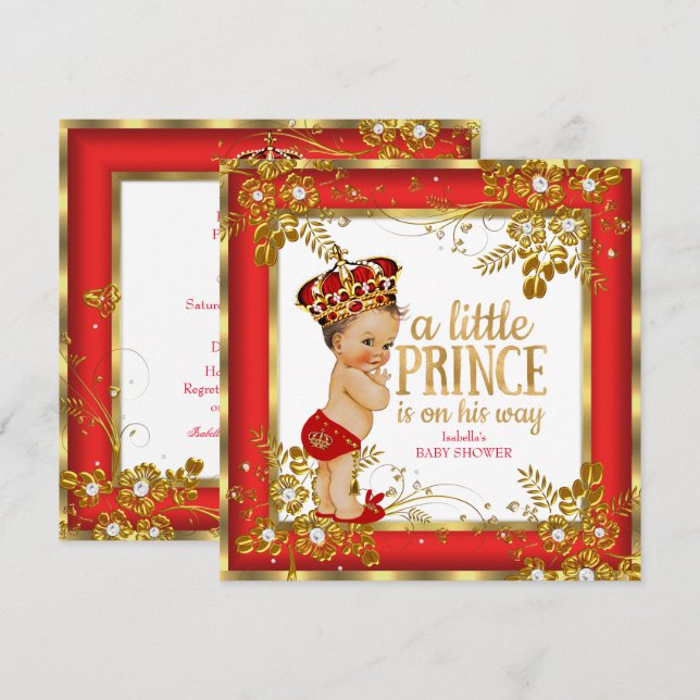Invitación Prince Baby Shower Boy Red Gold White Brunette (Anverso / Reverso)
