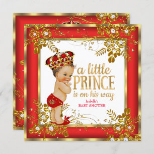 Invitación Prince Baby Shower Boy Red Gold White Brunette