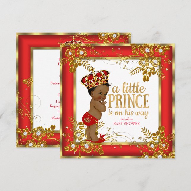 Invitación Prince Baby Shower Boy Red Gold White Ethnic (Anverso / Reverso)