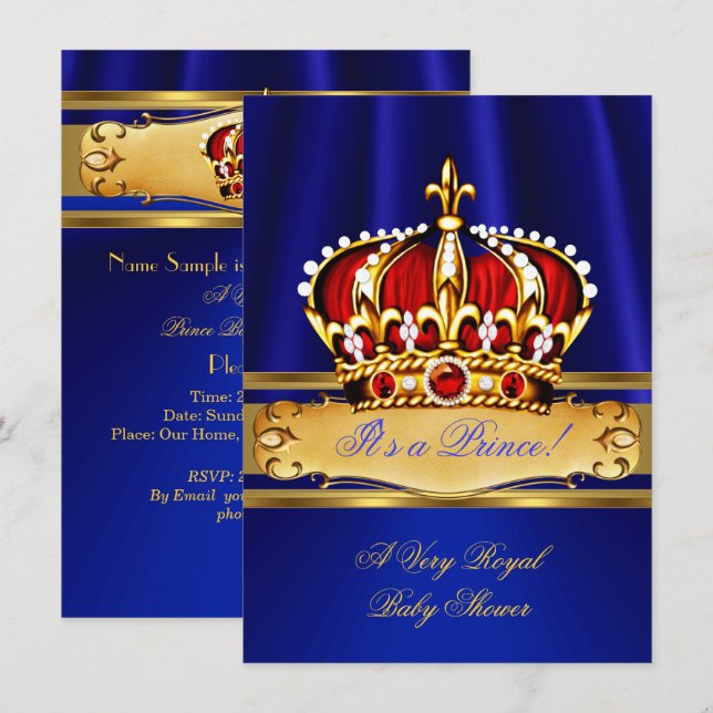 Invitación Prince Baby Shower Boy Royal Blue Gold Red Crown (Anverso / Reverso)