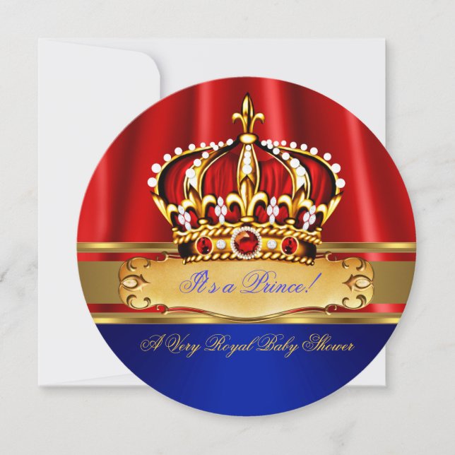 Invitación Prince Baby Shower Boy Royal Blue Gold Red Crown 2 (Anverso)