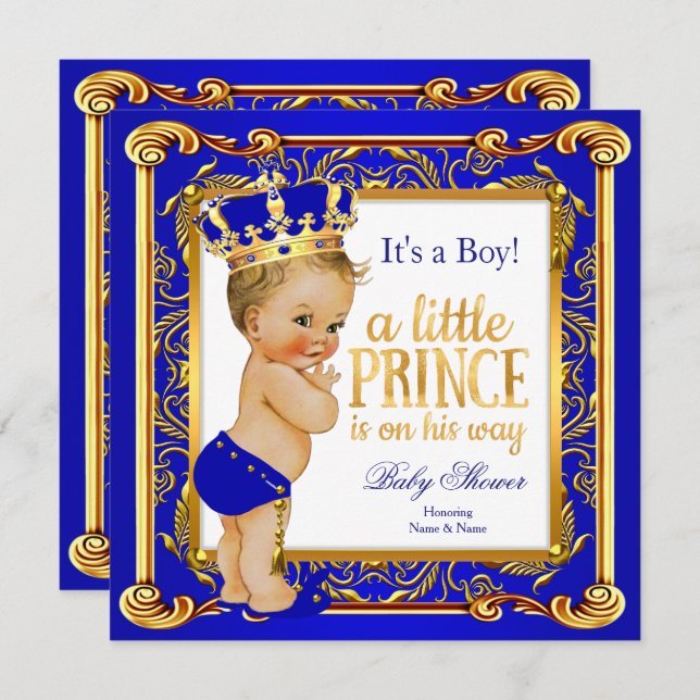 Invitación Prince Baby Shower Damask Blue Gold Blonga Boy (Anverso / Reverso)