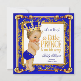Invitación Prince Baby Shower Damask Blue Gold Blonga Boy