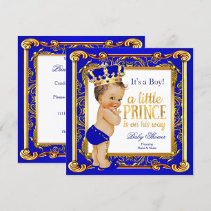 Invitación Prince Baby Shower Damask Blue Gold Brunette