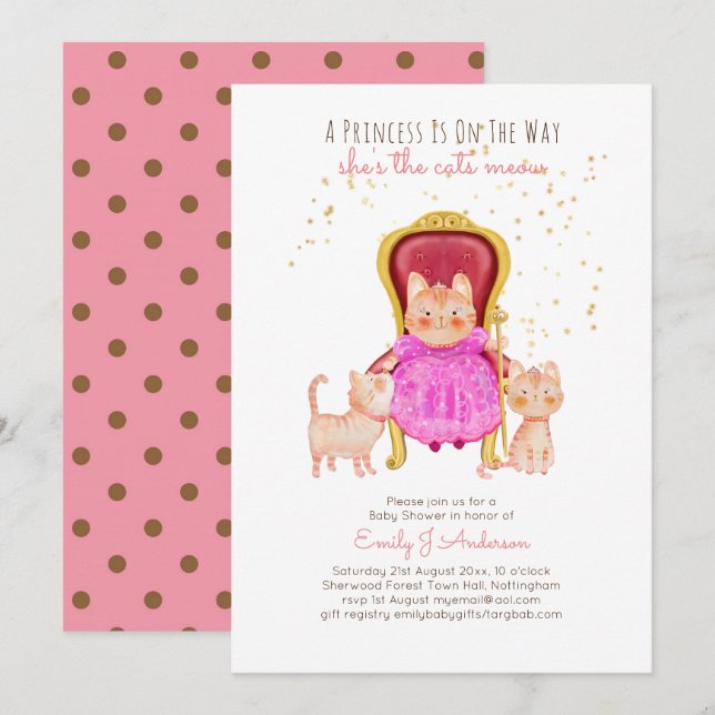 Invitación Prince Baby Shower Gats Kitten Chicas Rosa (Anverso / Reverso)