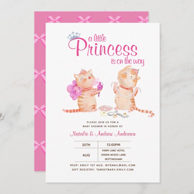 Invitación Prince Baby Shower Gats Kitten Chicas Rosa (Anverso / Reverso)