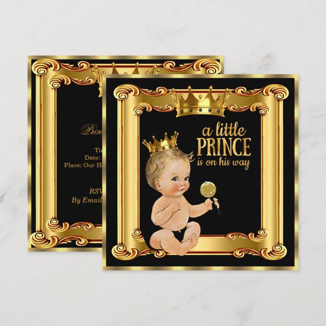Invitación Prince Baby Shower Gold Faux Relieve metalizado Bl (Anverso / Reverso)