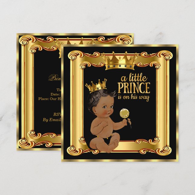 Invitación Prince Baby Shower Gold Faux Relieve metalizado Bl (Anverso / Reverso)