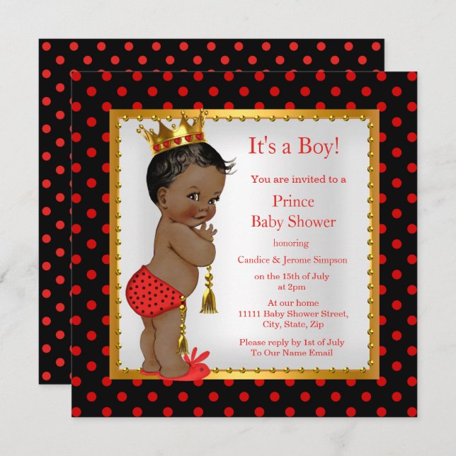 Invitación Prince Baby Shower Red Gold Black Boy (Anverso / Reverso)