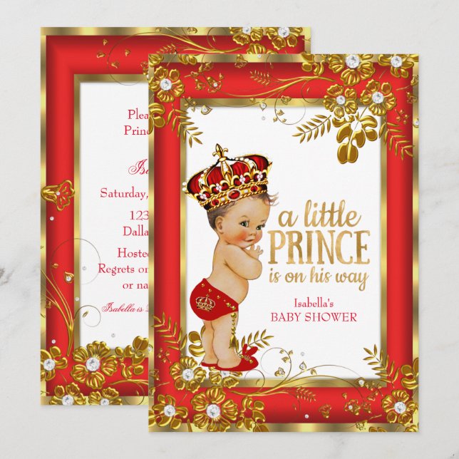 Invitación Prince Baby Shower Red Gold White Brunboy Boy (Anverso / Reverso)