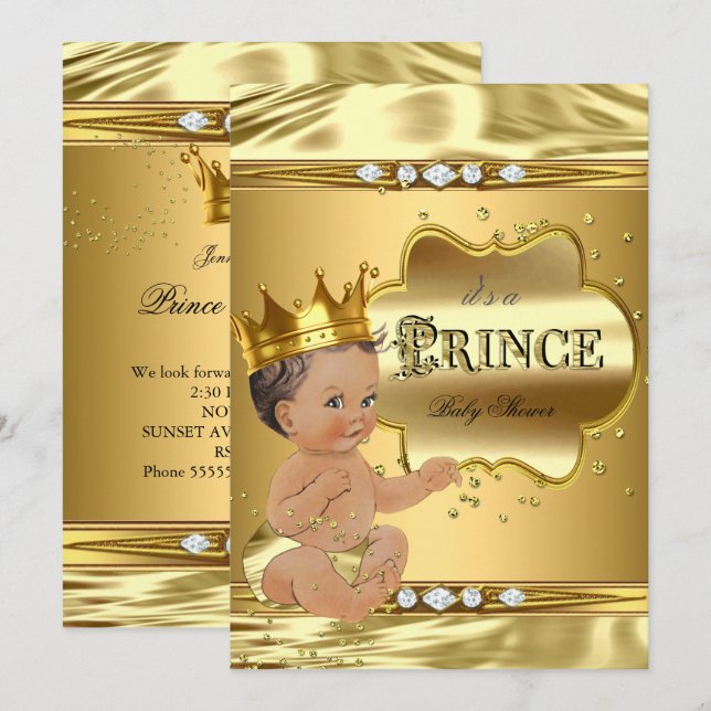 Invitación Prince Baby Shower Relieve metalizado dorado Brune (Anverso / Reverso)