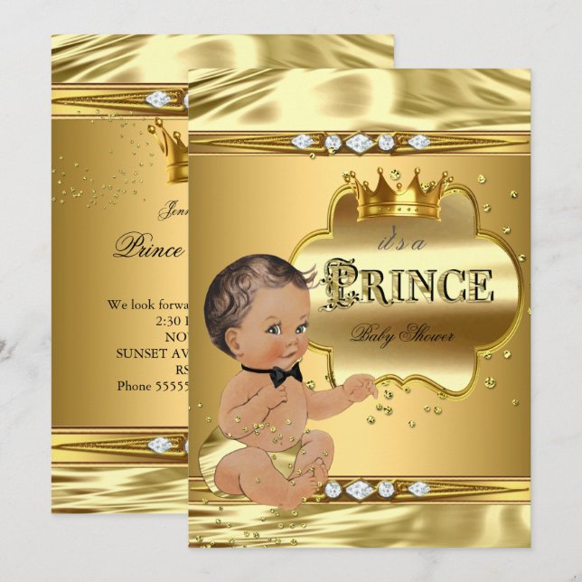 Invitación Prince Baby Shower Relieve metalizado dorado Brune (Anverso / Reverso)