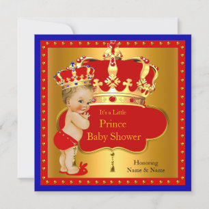 Invitación Prince Baby Shower Rojo Royal Blue Boy Crown Blona