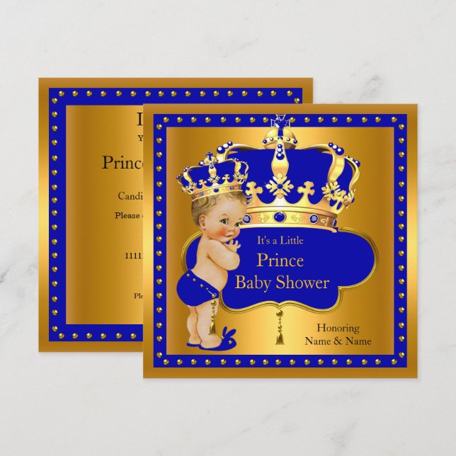 Invitación Prince Baby Shower Royal Blue Boy Crown Blona (Anverso / Reverso)