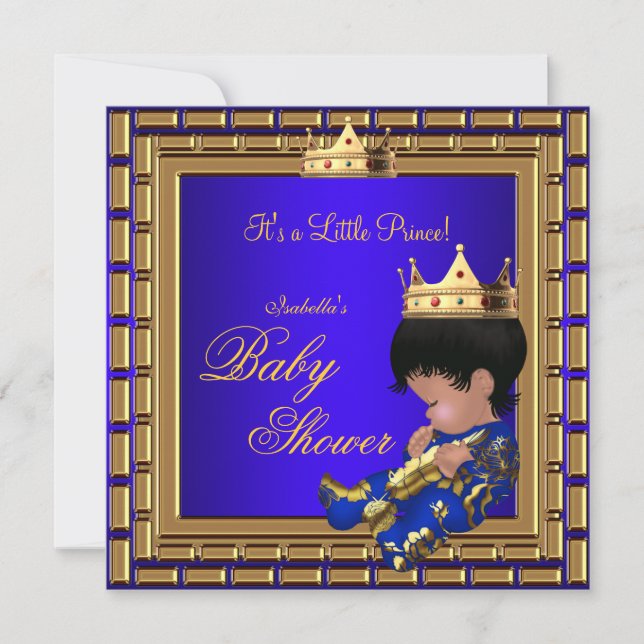 Invitación Prince Baby Shower Royal Blue Gold Boy Crown 4 (Anverso)
