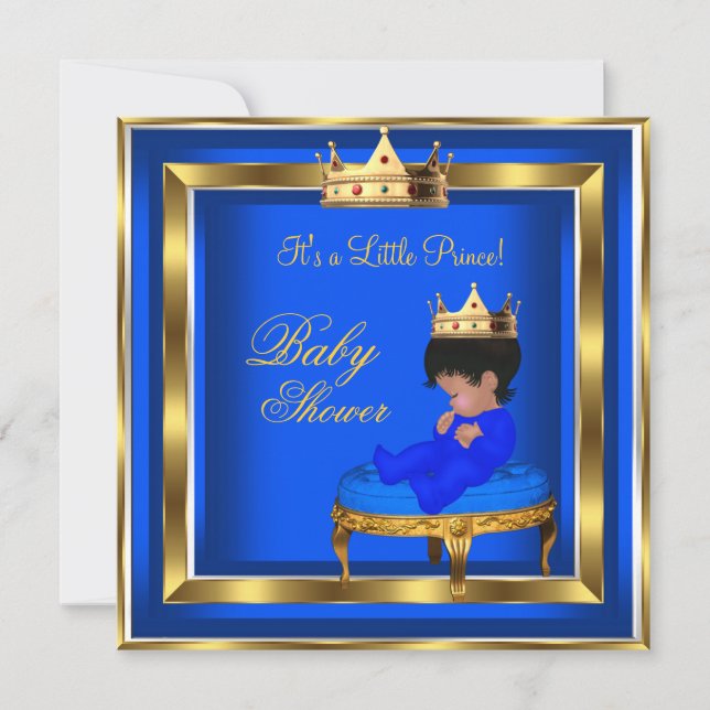 Invitación Prince Baby Shower Royal Blue Gold Boy Crown AA (Anverso)