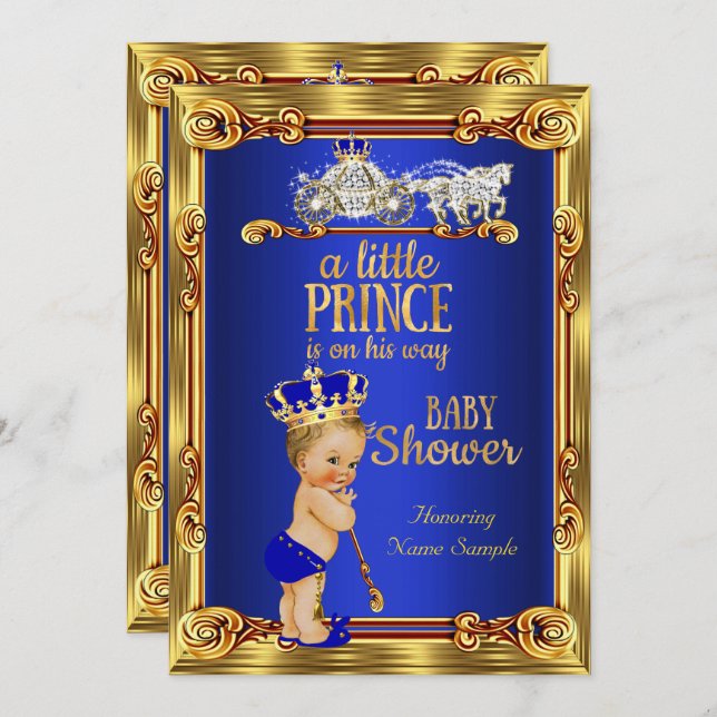 Invitación Prince Baby Shower Royal Blue Gold Carriles Blond (Anverso / Reverso)
