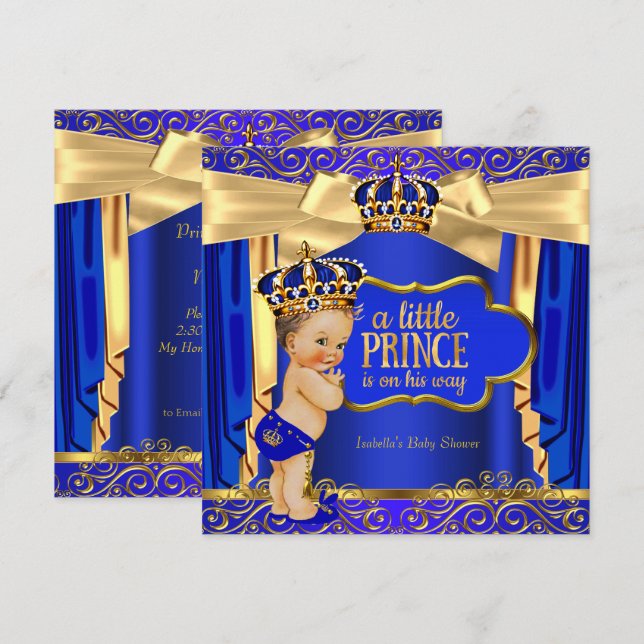 Invitación Prince Baby Shower Royal Blue Gold Drapes Brunette (Anverso / Reverso)