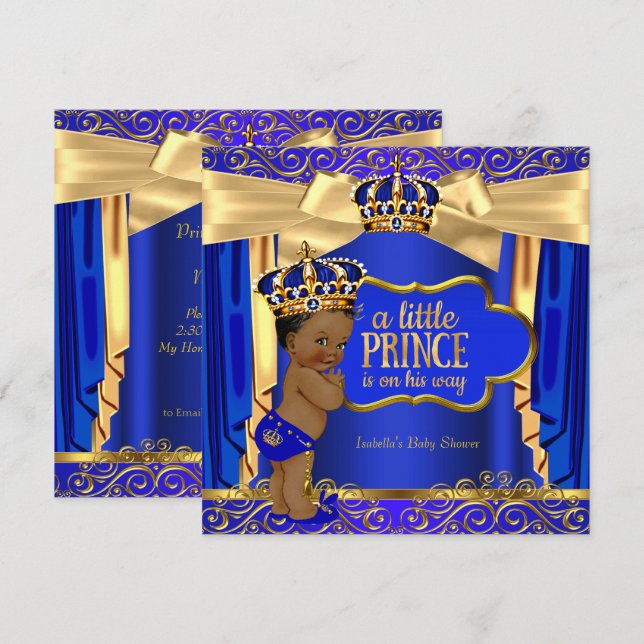 Invitación Prince Baby Shower Royal Blue Gold Violó a la etni (Anverso / Reverso)