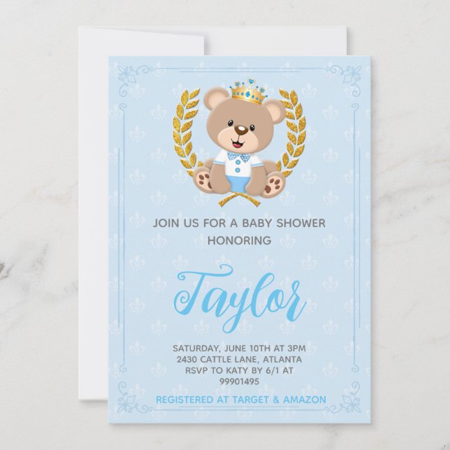 Invitación Prince Bear Baby Shower Invitation (Anverso)
