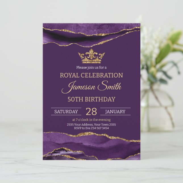 Invitación Prince Birthday Royal Purple Gold (Anverso de pie)