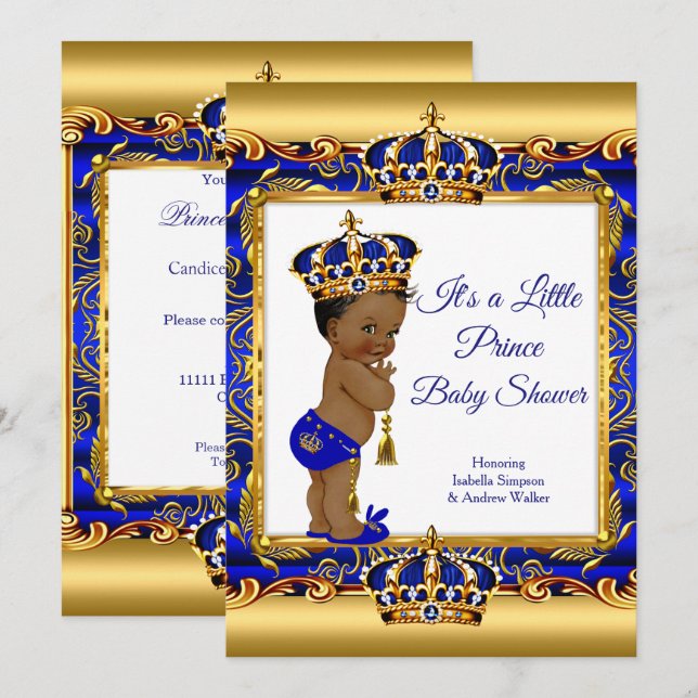 Invitación Prince Boy Baby Shower Blue Ornate Gold (Anverso / Reverso)