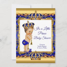Invitación Prince Boy Baby Shower Blue Ornate Gold Brunette