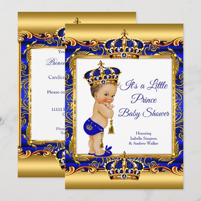 Invitación Prince Boy Baby Shower Blue Ornate Gold Brunette (Anverso / Reverso)