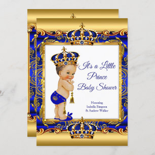 Invitación Prince Boy Baby Shower Blue Ornate Gold Brunette
