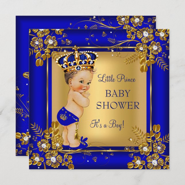 Invitación Prince Boy Baby Shower Gold Blue Brunette (Anverso / Reverso)