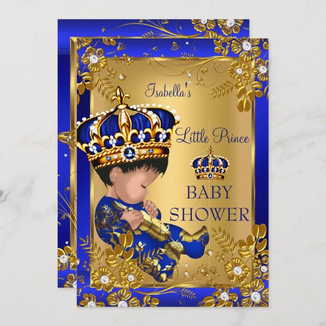 Invitación Prince Boy Baby Shower Gold Blue Crown (Anverso / Reverso)