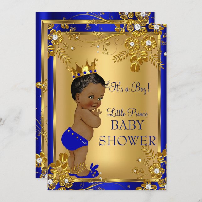 Invitación Prince Boy Baby Shower Gold Blue Floral (Anverso / Reverso)