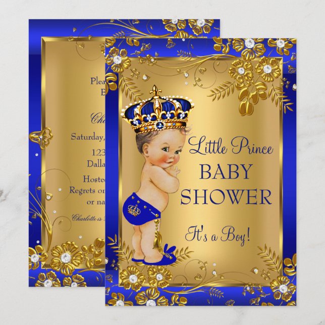 Invitación Prince Boy Baby Shower Gold Blue Floral Brunette (Anverso / Reverso)