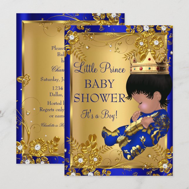 Invitación Prince Boy Baby Shower Gold & Blue Invitation (Anverso / Reverso)