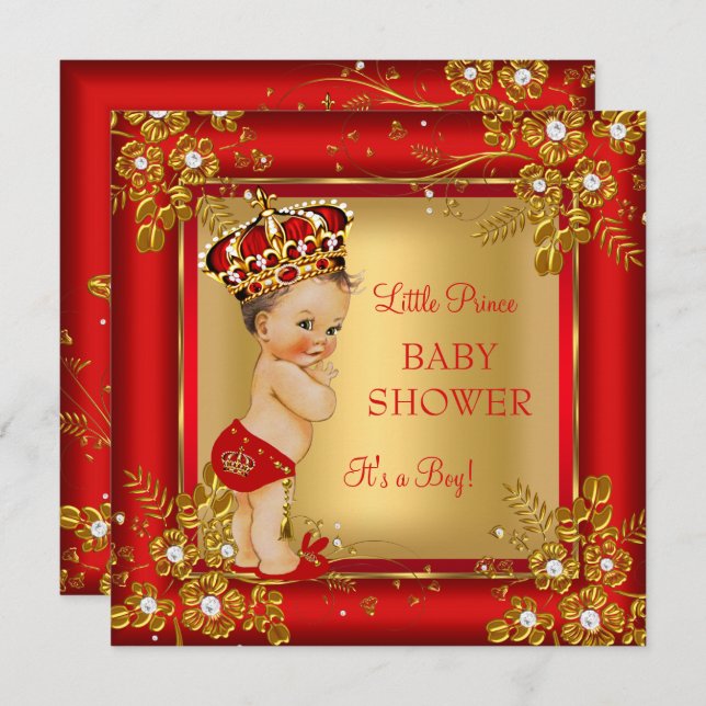 Invitación Prince Boy Baby Shower Gold Red Brunette (Anverso / Reverso)