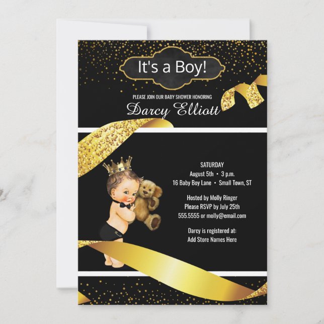 Invitación Prince Boy Baby Shower| Purpurina Black Faux Gold (Anverso)
