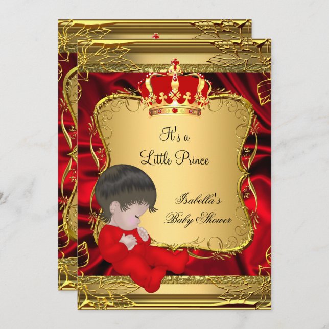 Invitación Prince Boy Baby Shower Red Ornate Gold (Anverso / Reverso)